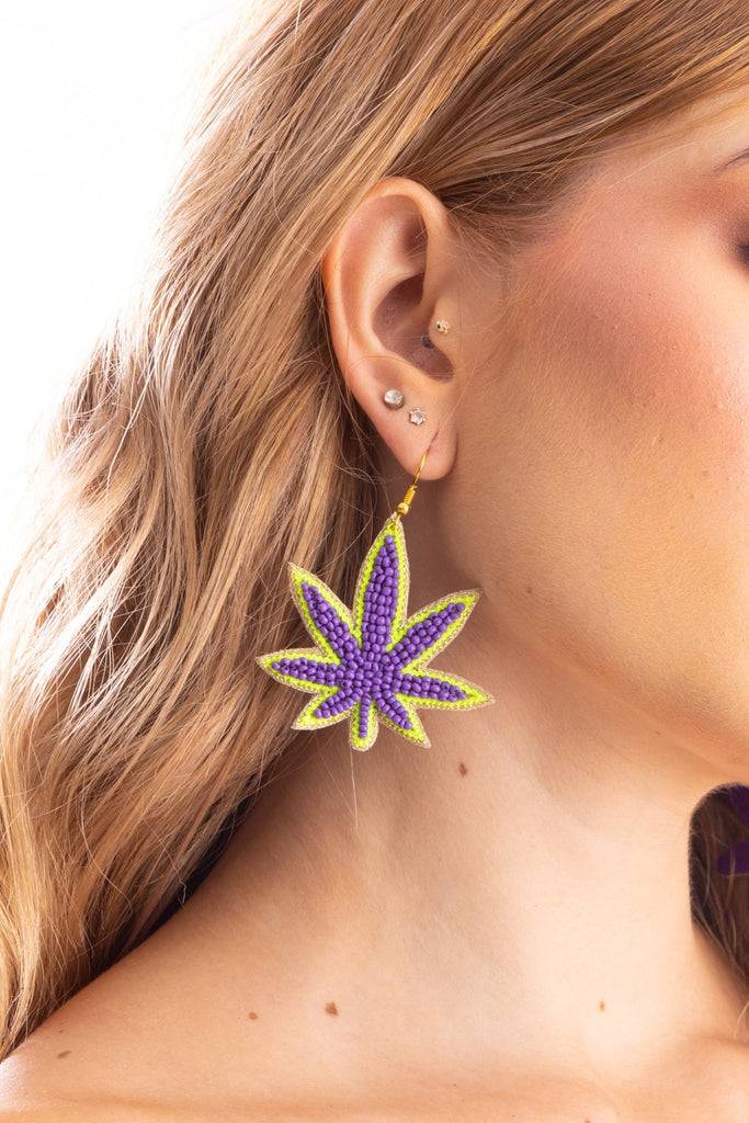 Beaded pot leaf earrings, Neon weed leaf earrings, Weed earrings